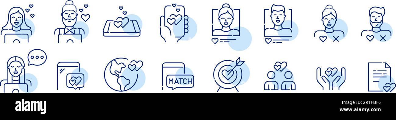 Dating app users chatting looking for match. Romantic relationships, marriage, attraction. Pixel perfect icons Stock Vector