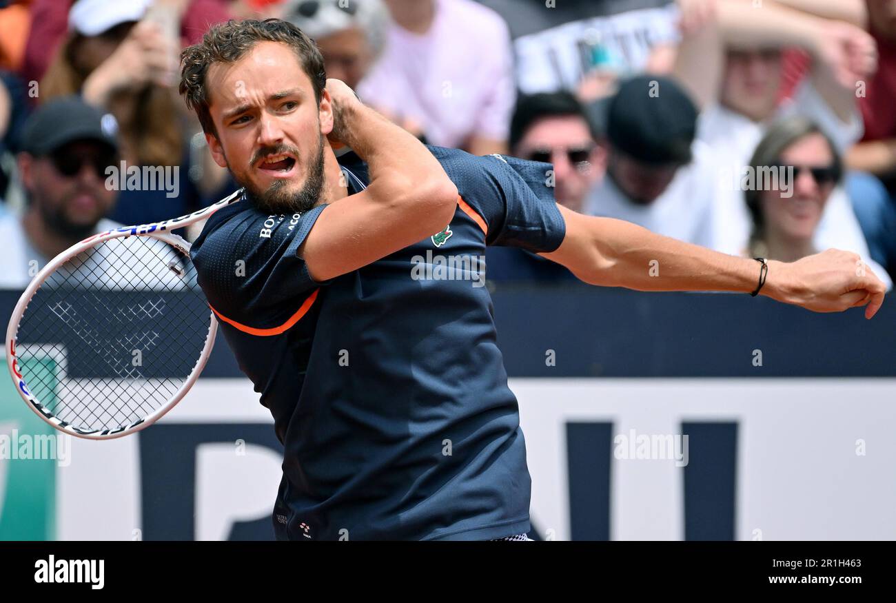 May 14, 2023, ROME Daniil Medvedev of Russia in action during his mens singles second round match against Emil Ruusuvuori of Finland (not pictured) at the Italian Open tennis tournament in Rome,