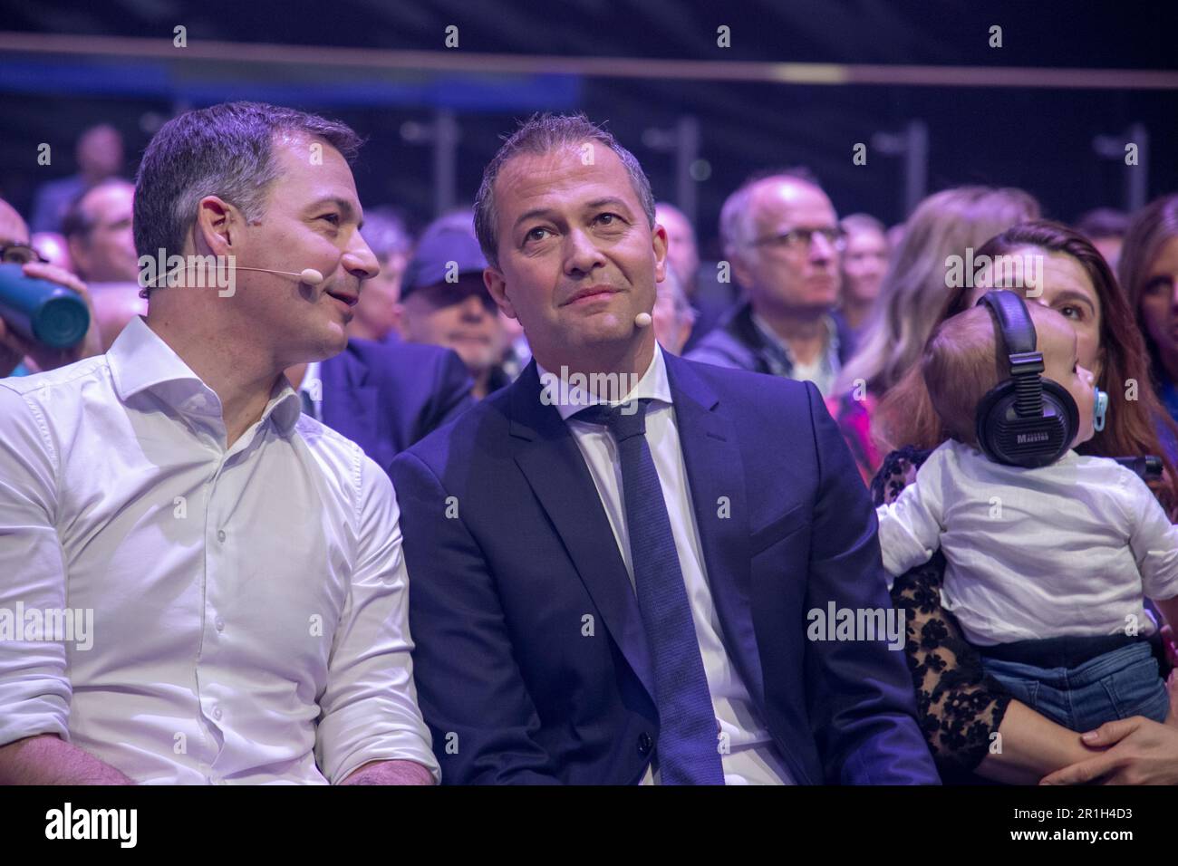 Gent, Belgium. 14th May, 2023. Prime Minister Alexander De Croo and Open  Vld's Egbert Lachaert pictured during the 'Voor een Vrij en Sterk Land'  (for a free and strong country) party congress