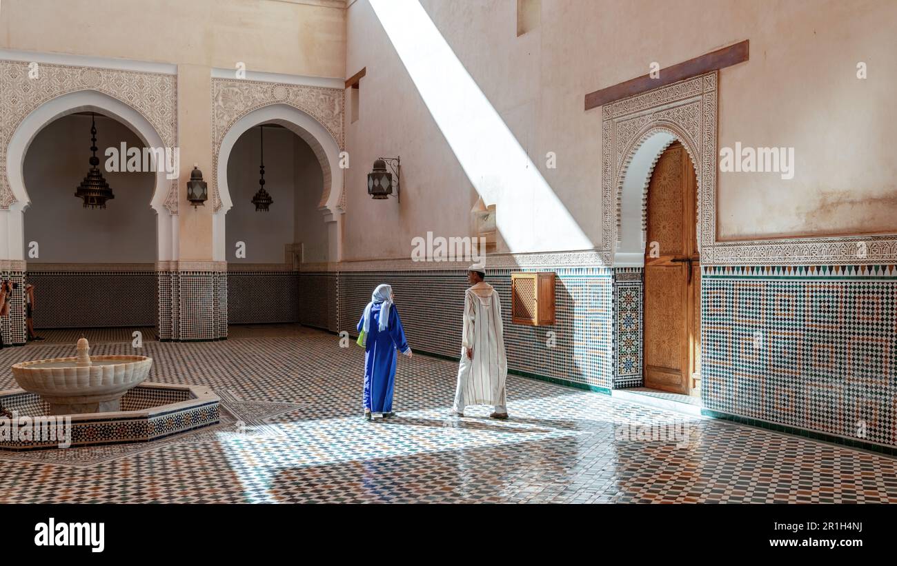 Meknes, Morocco September 2022 Moroccan locals inside mausoleum of