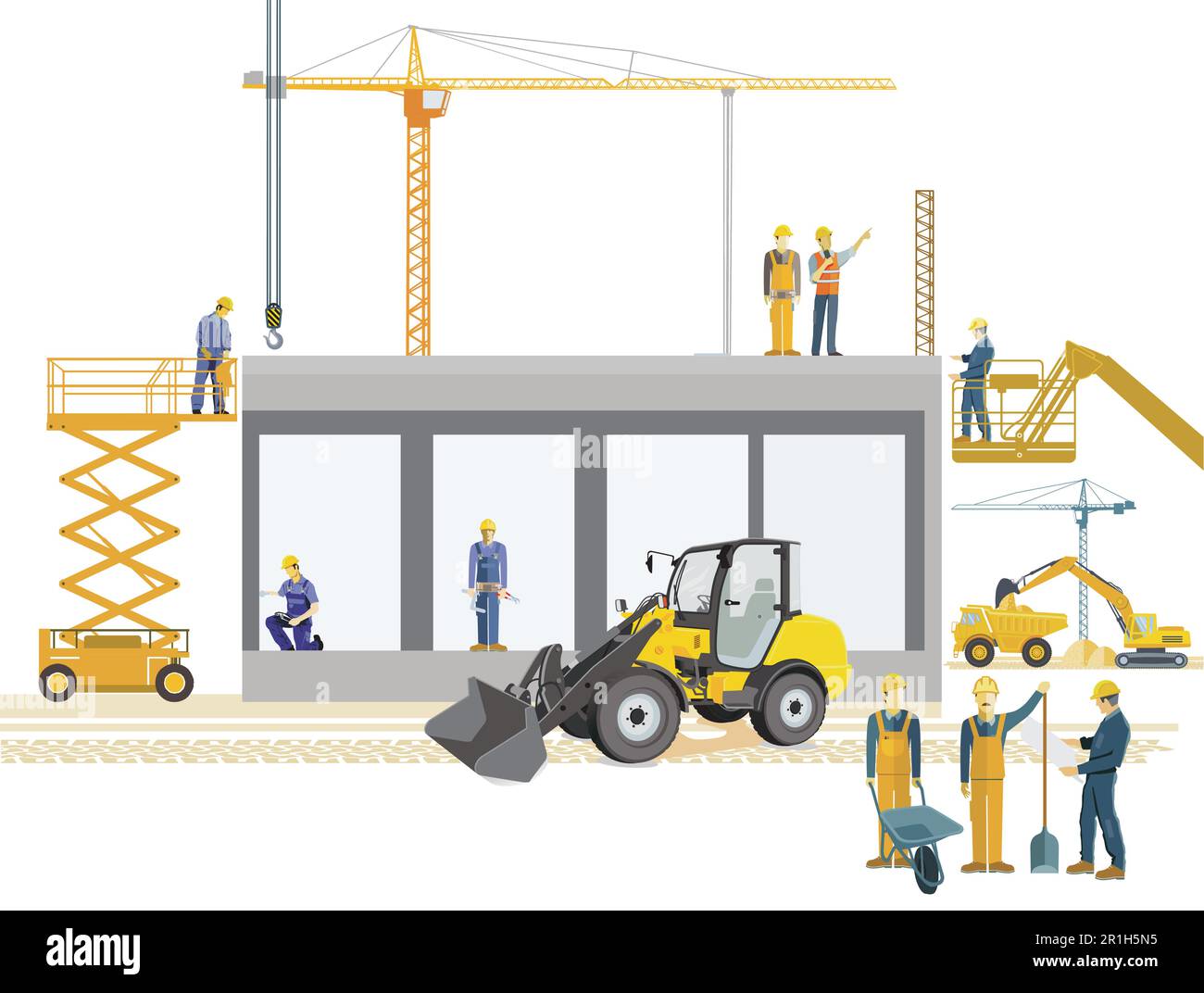 Construction site with architects, construction machines and heavy trucks, illustration Stock Vector