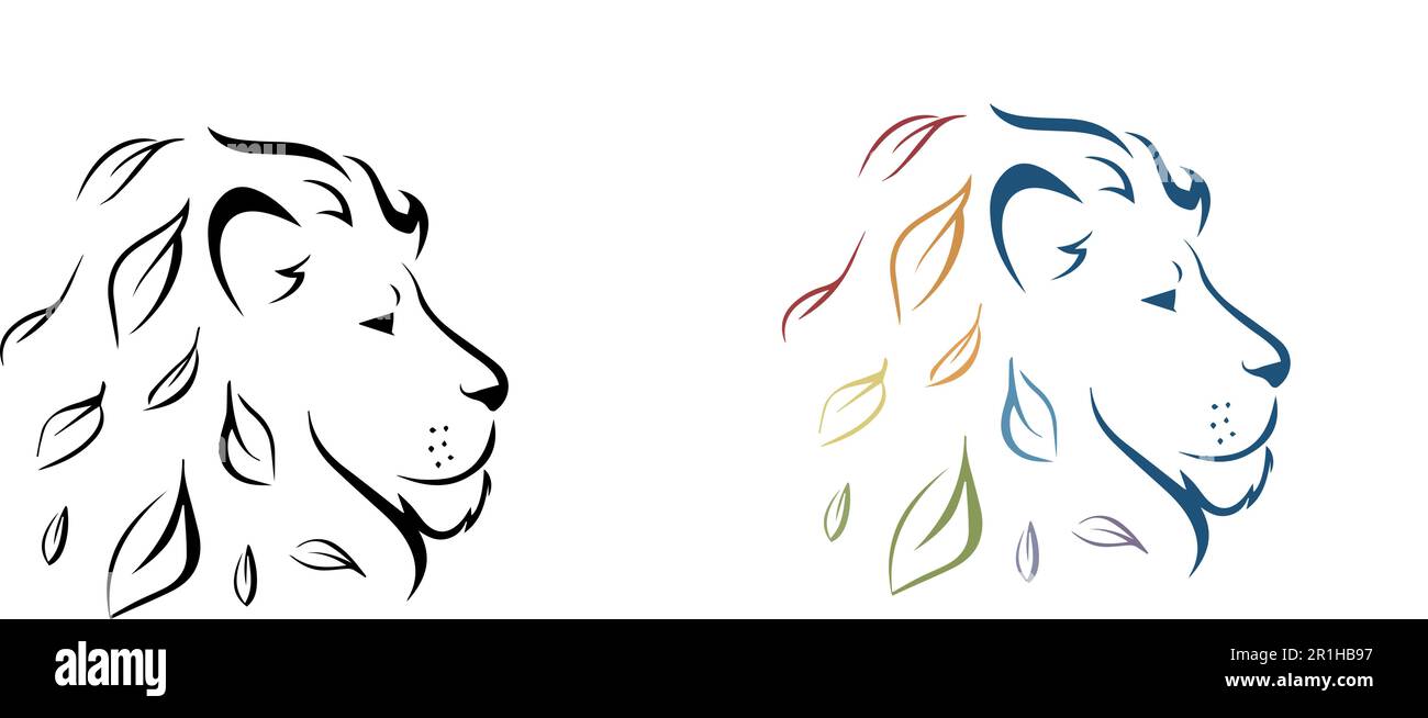 vector lion with mane in the shape of leaves linear lion logo icon Stock Vector
