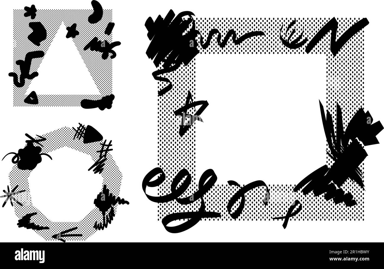 Black square, triangular, polygonal frame elements kit with doodle lines. Editable vector template for card, invitation, social media post, poster, mo Stock Vector