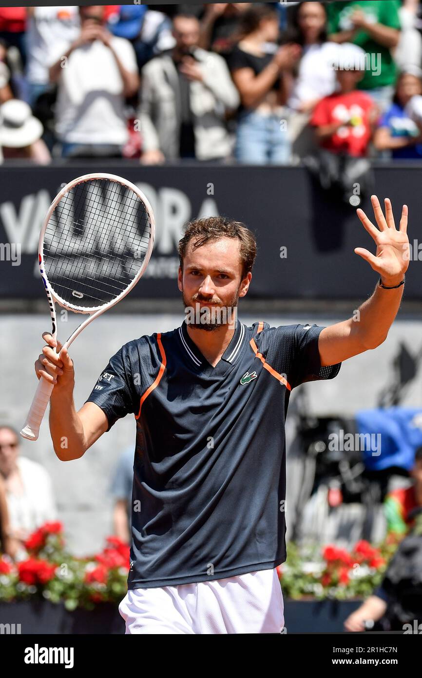 Rome, Italy. 14th May, 2023. Daniil Medvedev of Russia celebrates the victory at the end of his match against Emil Ruusuvuori of Finland at the Internazionali BNL d'Italia tennis tournament at Foro Italico in Rome, Italy on May 14th, 2023. Credit: Insidefoto di andrea staccioli/Alamy Live News Stock Photo