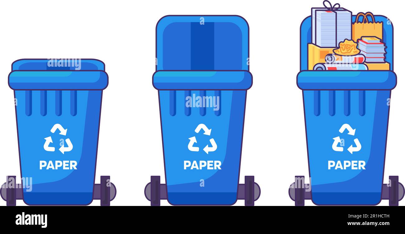 Containers with lid for storing, recycling and sorting used household Paper carton waste. Closed empty and filled trash can with recycle sign. Simple Stock Vector
