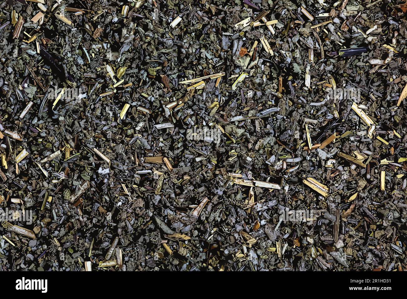 Illustration of sage dry herbal tea leaves background, top view of