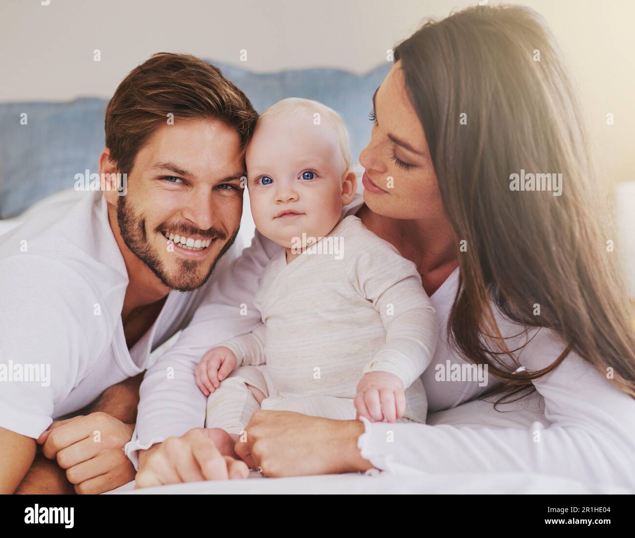 Happy father, mother and baby for love, care and quality time to relax ...