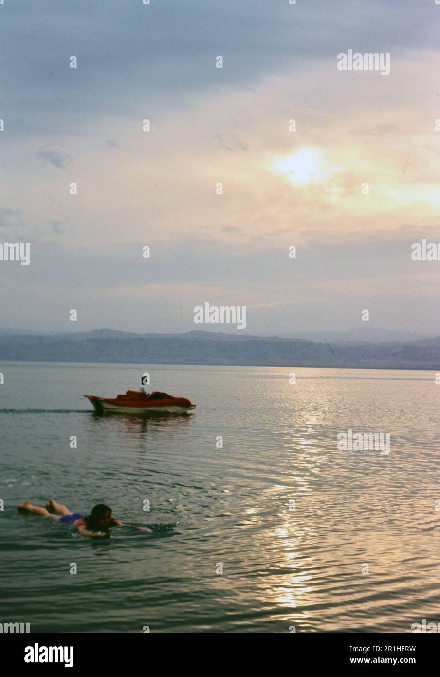 Jordan: Sunset over a Dead Sea bathing area; very bouyant due to high salt content. Photo by Joan Iaconetti ca. 1997 Stock Photo