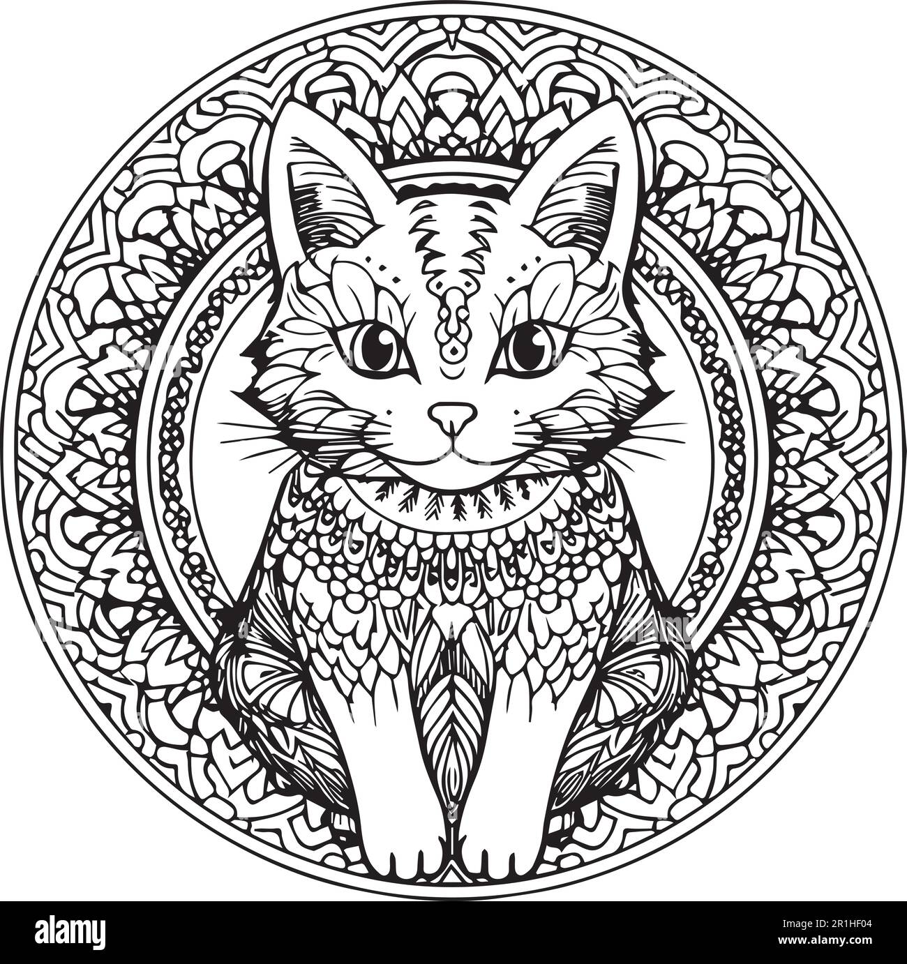 A mandala ginger cat coloring page for adults. Stock Vector