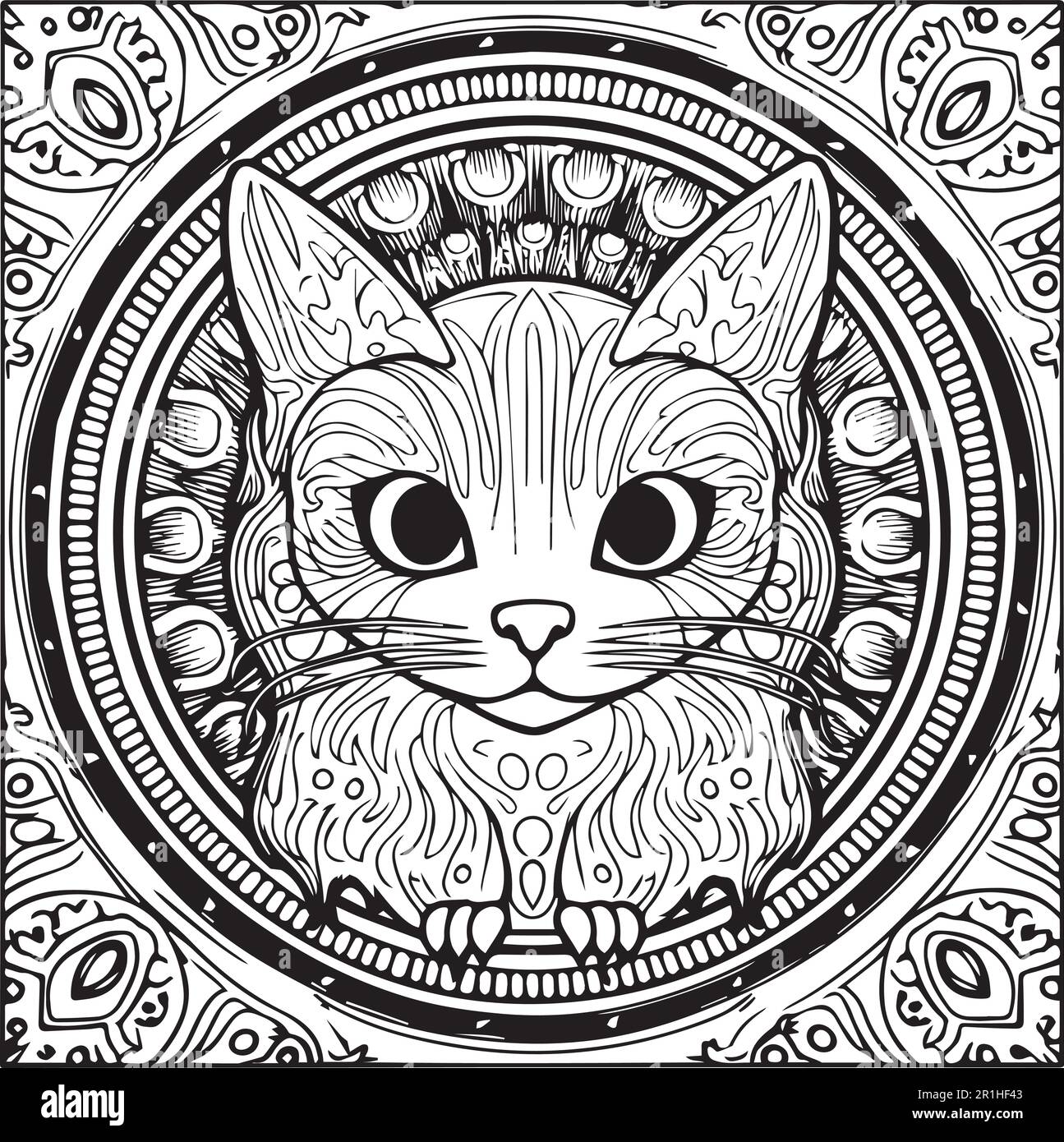 A black and white drawing of a cat with a round frame. Stock Vector