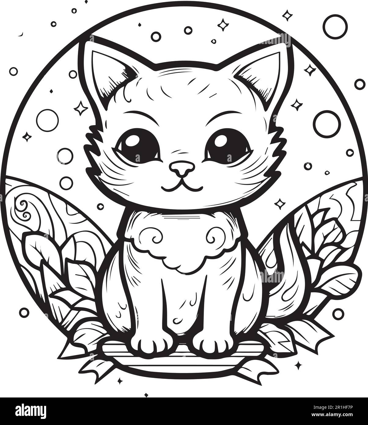 A cartoon cute cat line art coloring page vector illustration. Stock Vector