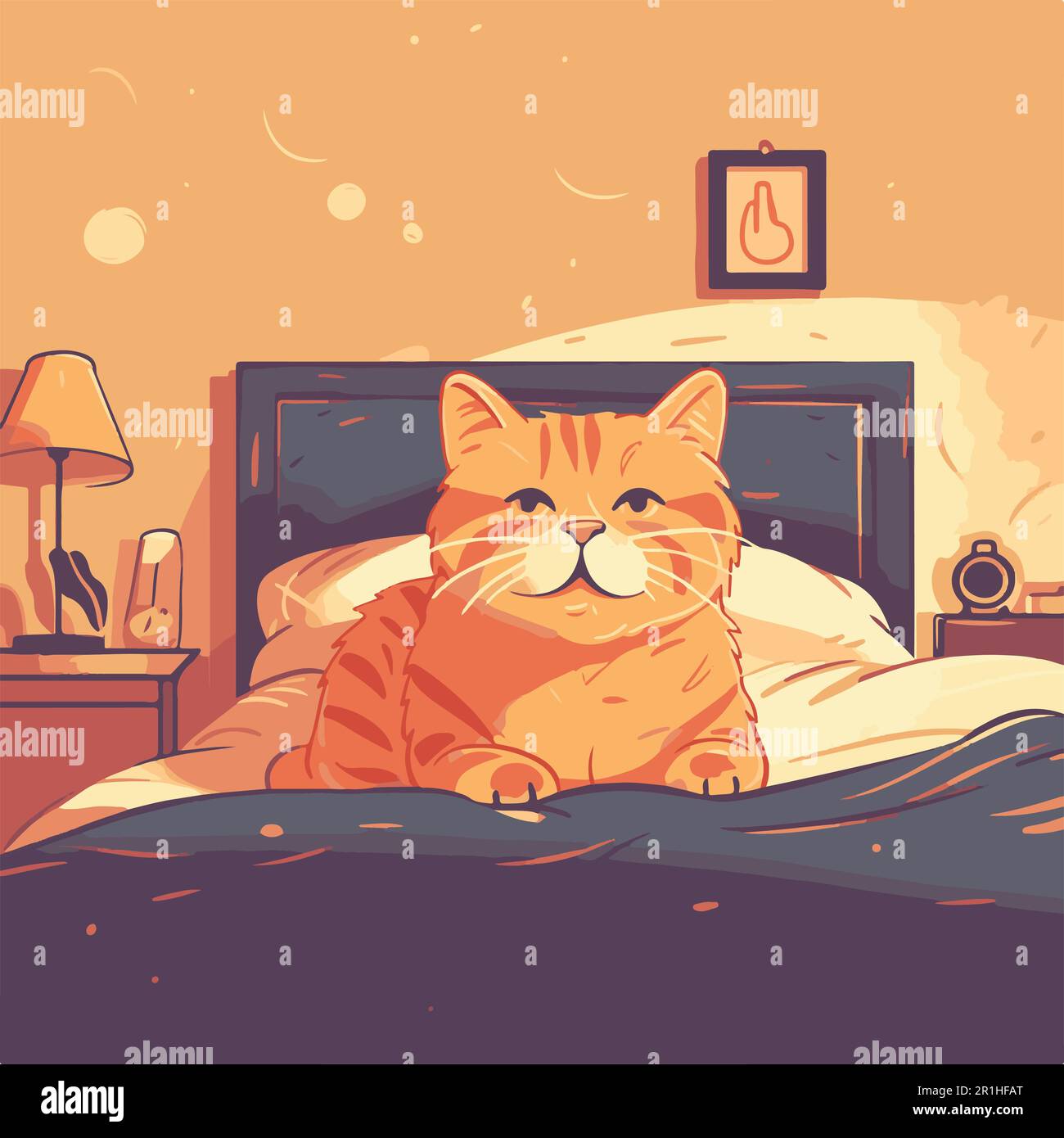 A cat is laying in a bed flat vector design. Stock Vector