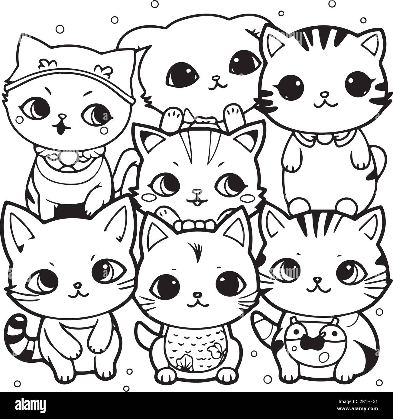 A black and white drawing of a group of cats coloring page. Stock Vector