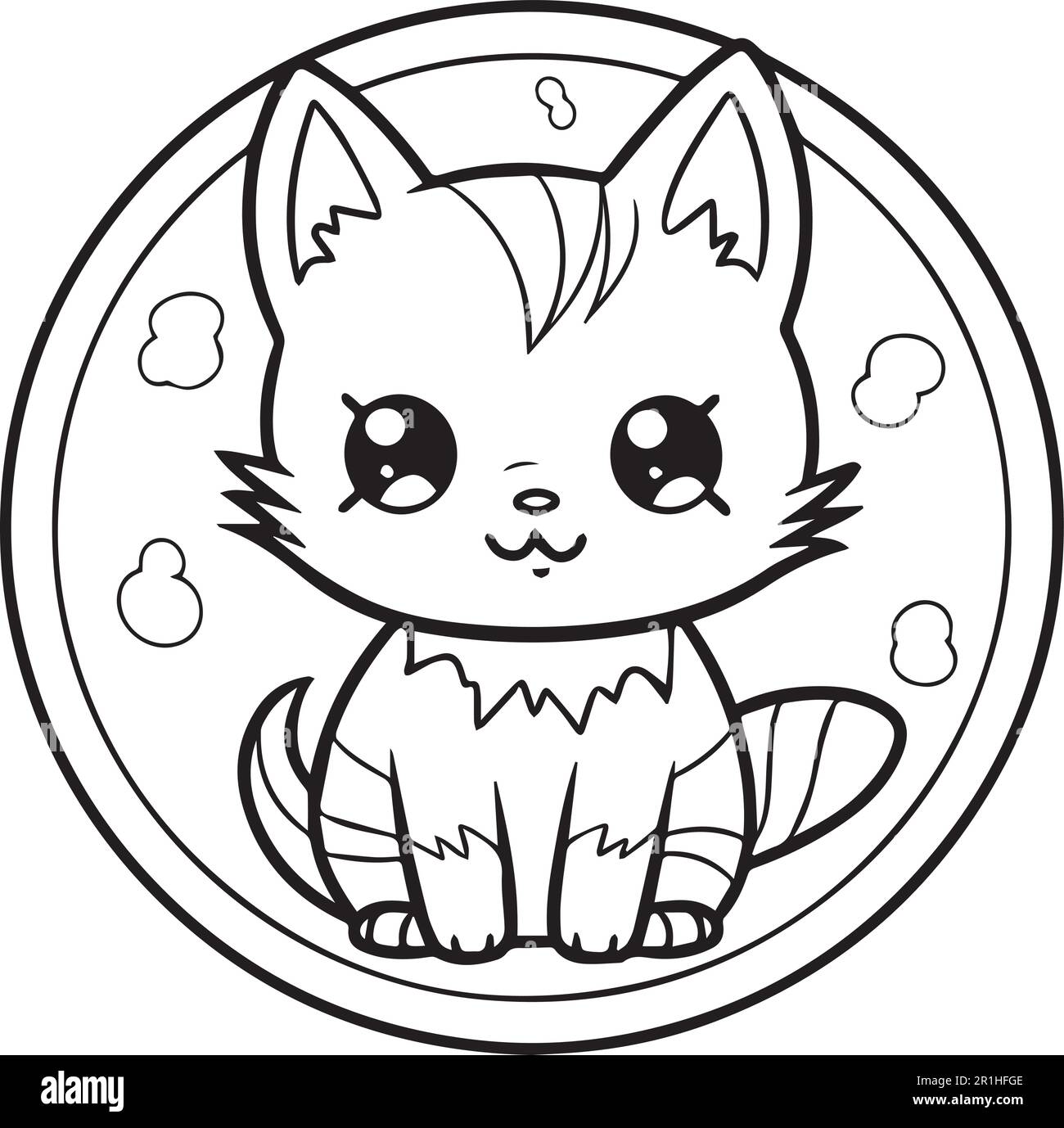 A black and white drawing of a cat sitting on a plate. A cute cat coloring page. Stock Vector