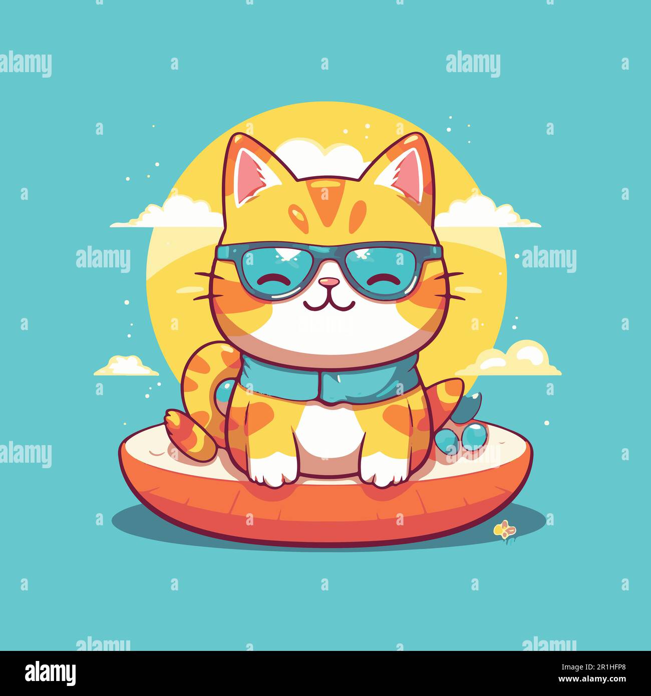 Cartoon cat on an inflatable raft in summer Stock Vector Image & Art