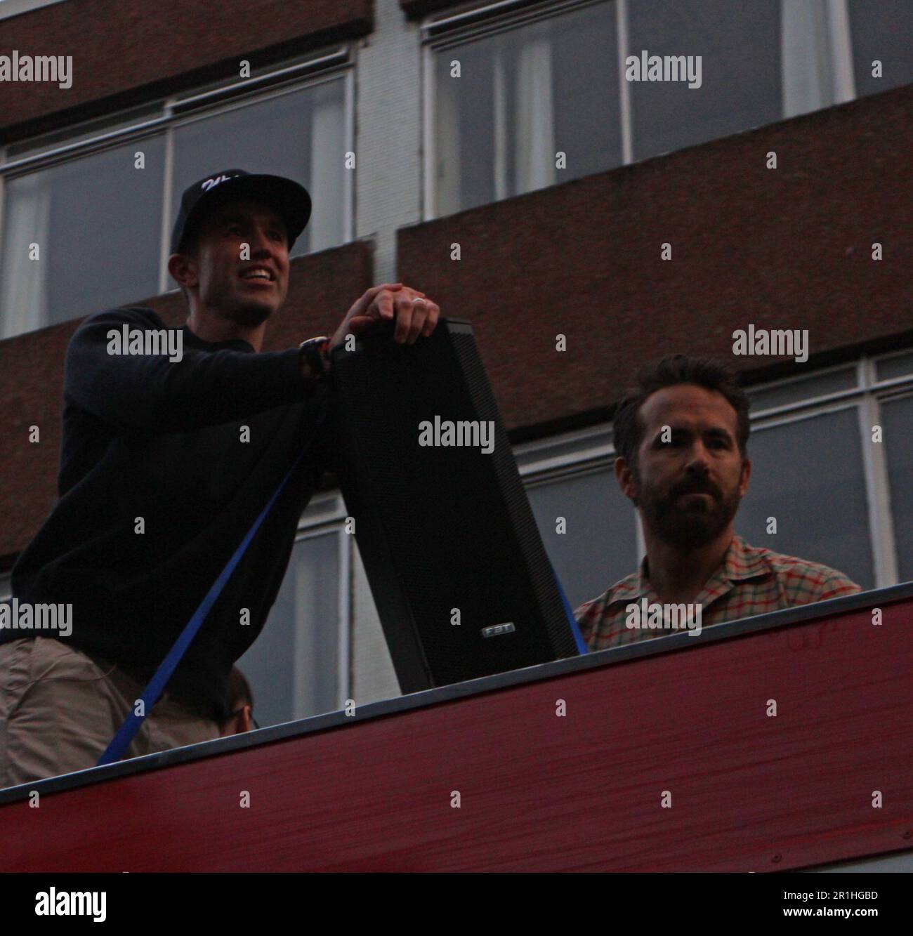 Wrexham FC owners on bus parade celebrating the clubs success in the