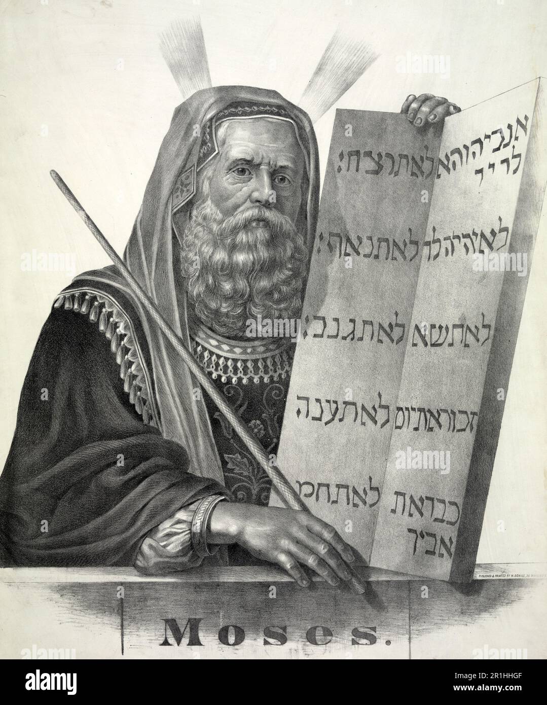 Story of Prophet Moses, Moses bust portrait, facing right, holding a tablet with the ten commandments, Historical, digitally restored reproduction from 18th or 19th century original Stock Photo