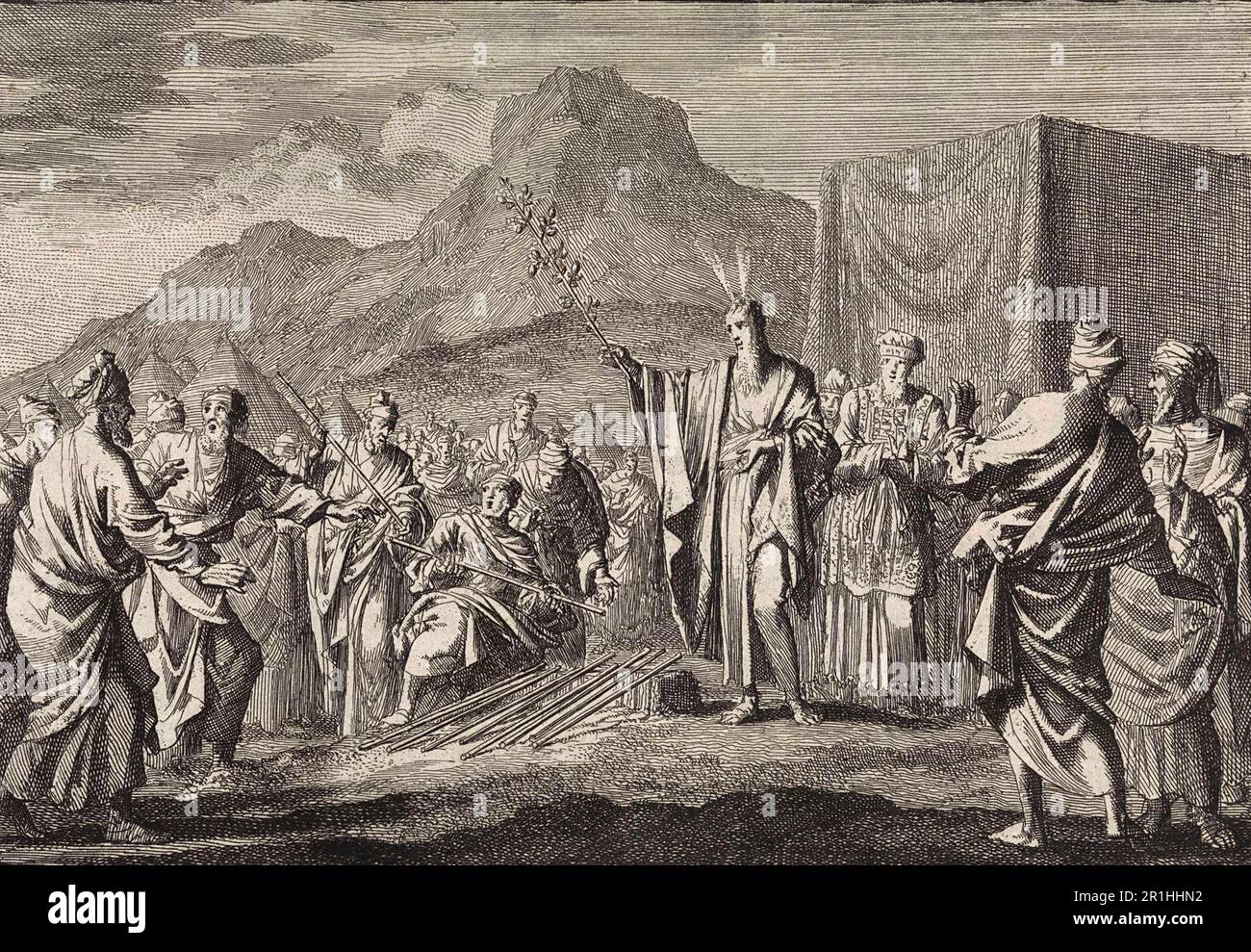 Story of Prophet Moses, Moses showing the flowering staff of Aaron to the chiefs, 1704, Jan Luyken, Historic, digitally restored reproduction from an 18th or 19th century original. Stock Photo