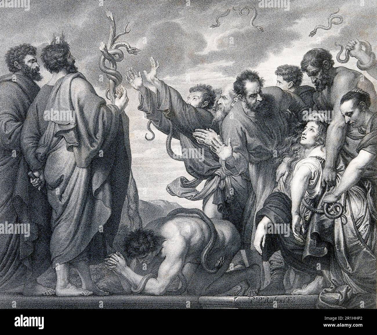 Story of Prophet Moses, Moses and Eleazar show the brazen serpent to the people plagued by a snake bite, Historical, digitally restored reproduction from an 18th or 19th century original. Stock Photo