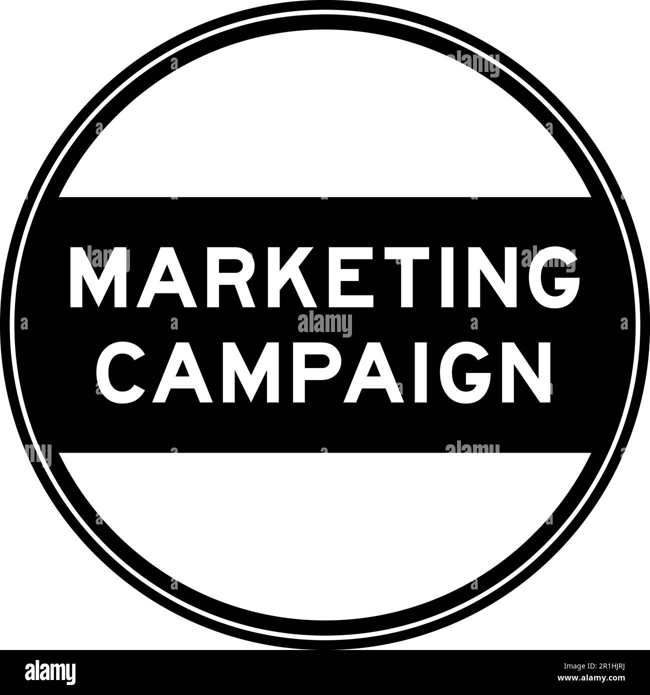 Black color round seal sticker in word marketing campaaign on white