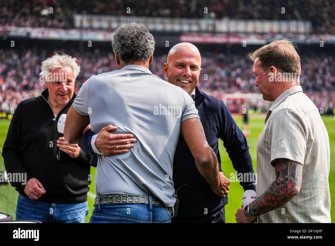 Rotterdam, Netherlands. 14th May, 2023. Rotterdam - Joep Schreuder, Pierre van Hooijdonk, Arne Slot, Paul Bosvelt during the match between Feyenoord v Go Ahead Eagles at Stadion Feijenoord De Kuip on 14 May 2023 in Rotterdam, Netherlands. Credit: box to box pictures/Alamy Live News Stock Photo