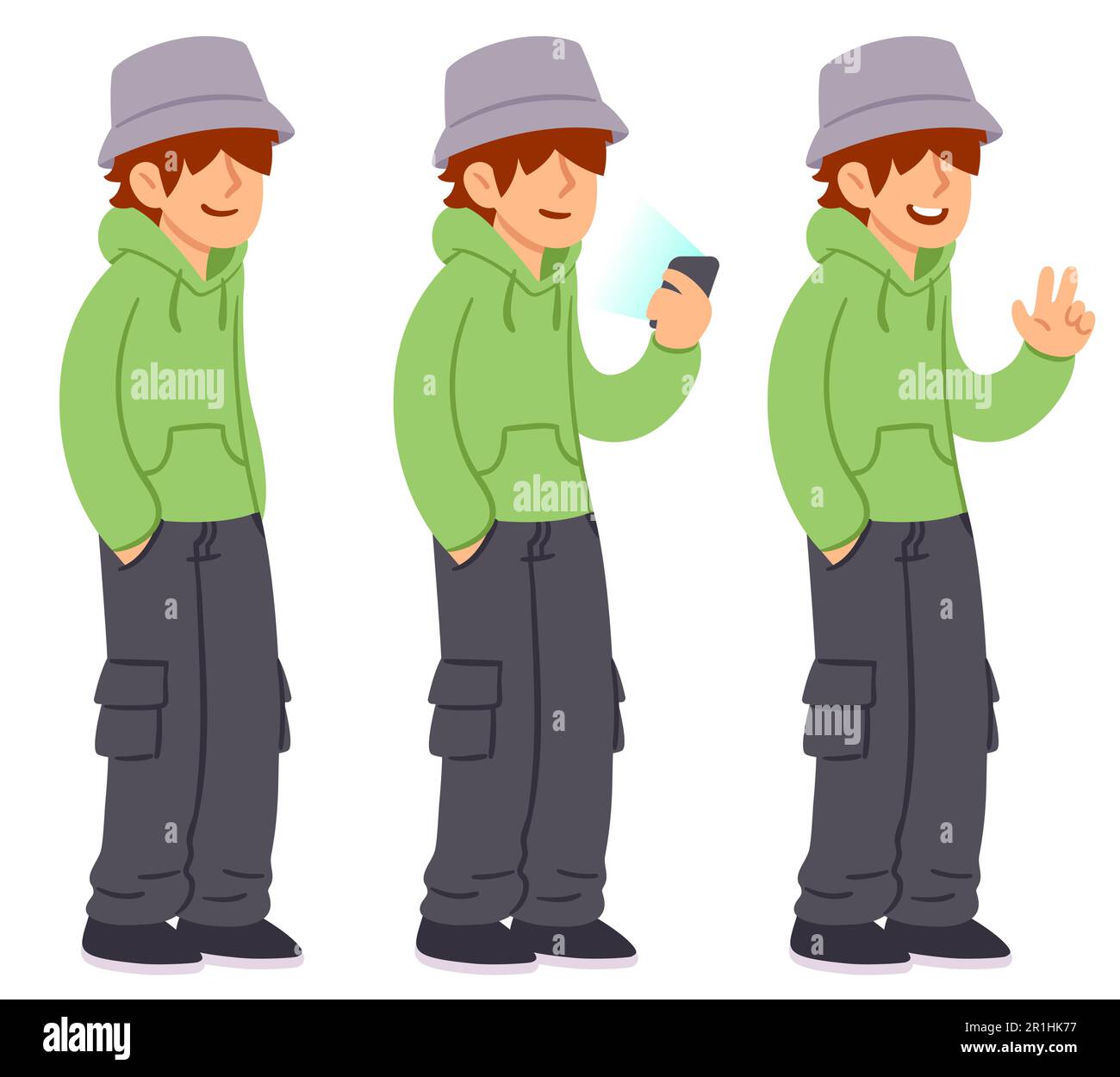 Teenage boy in baggy clothes and bucket hat, different poses set. Youth street fashion. Simple cartoon clip art illustration. Stock Vector