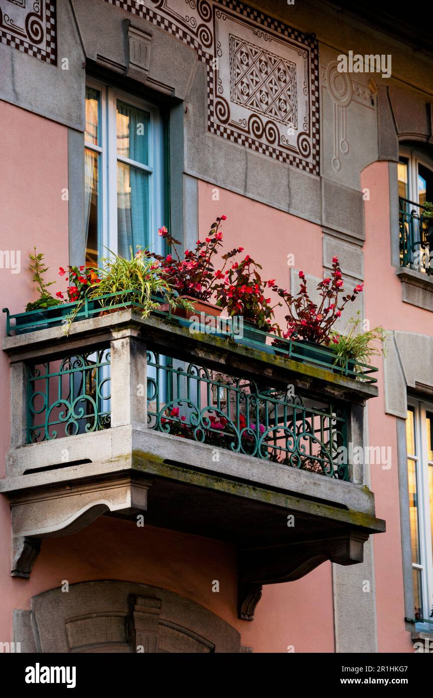 Stone and iron balcony in the Italian city of Lecco on Lake Como in Northern Italy. Stock Photo