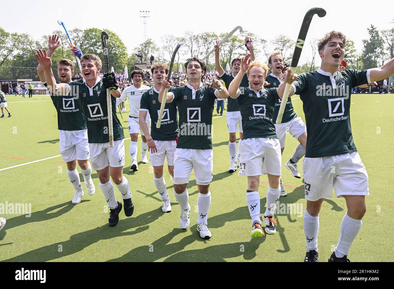 Uccle, Belgium. 14th May, 2023. Watduck's players celebrate after winning a  hockey game between Royal Leopold Club and Waterloo Ducks, Sunday 14 May  2023 in Ukkel-Uccle, Brussels, the second leg of the