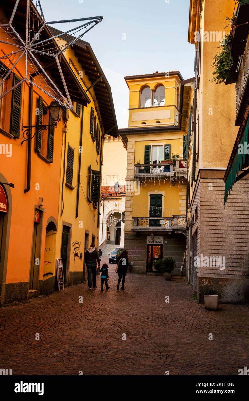 Colorful pastel houses in Lecco, the Italian city city on the