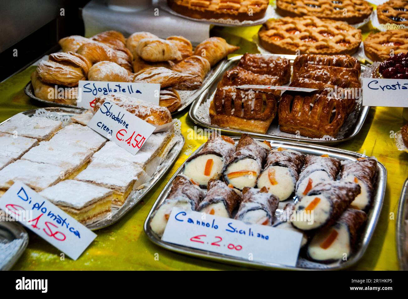 Italian pastries at an outdoor market in Lecco, Italy. Stock Photo