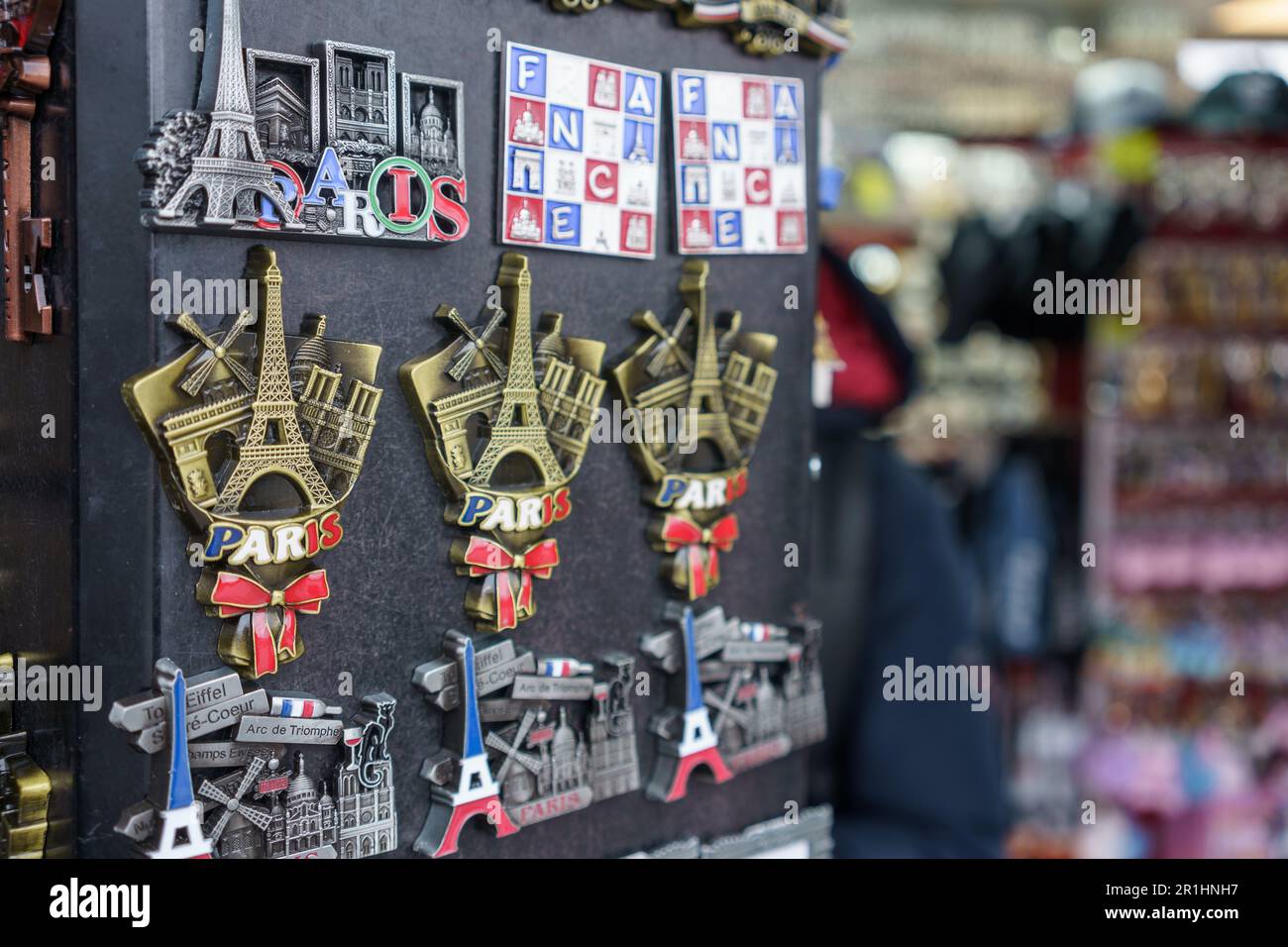 Paris souvenir magnets in a gift shop in Paris, France. March 25, 2023. Stock Photo
