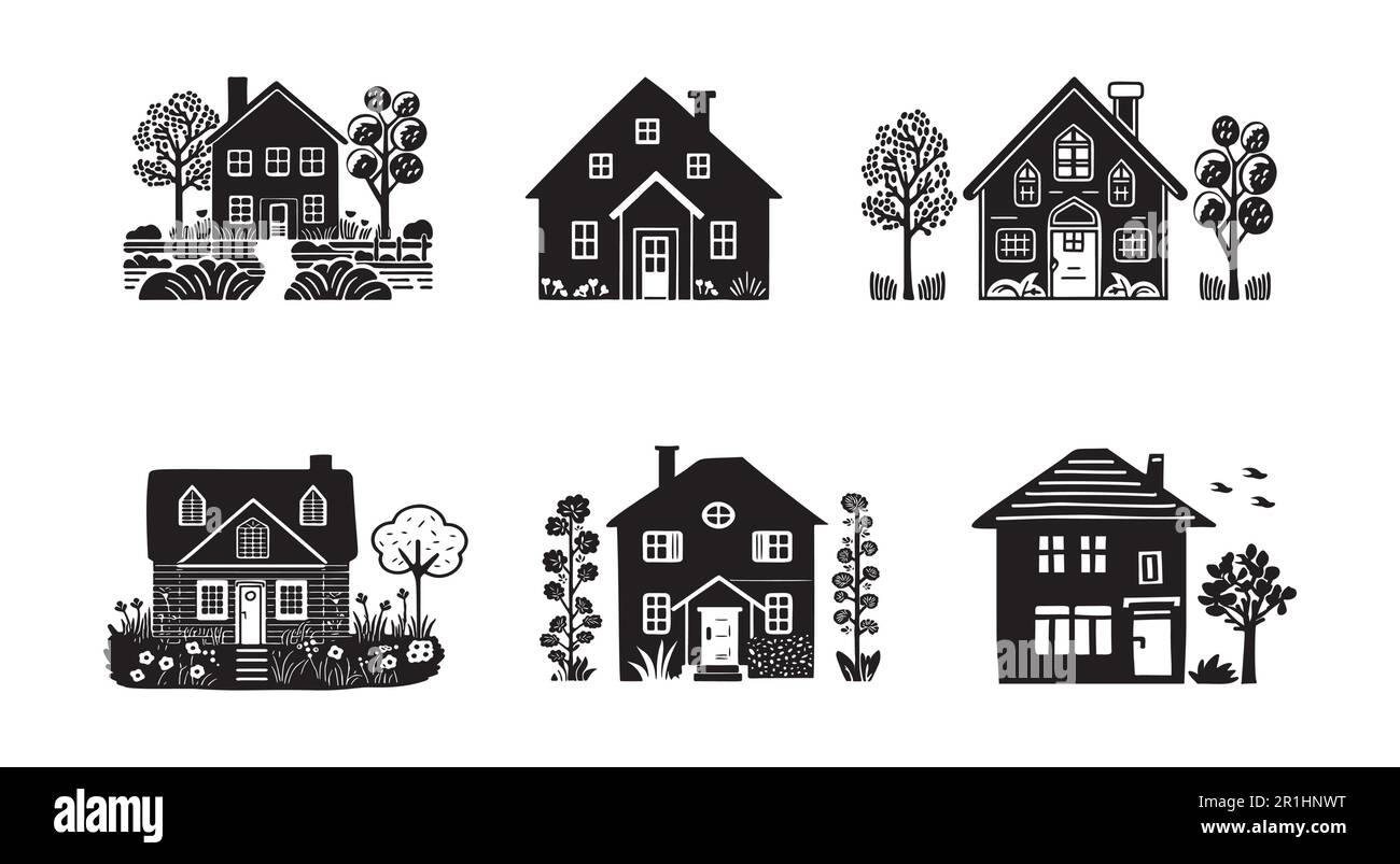 Set of rustic cottage motif in homestead vintage style. Vector illustration of whimsical rural country house.  Stock Vector