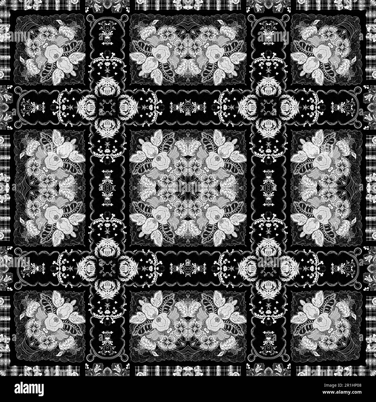 Intricate black and white lace folk flower pattern with an elegant ...