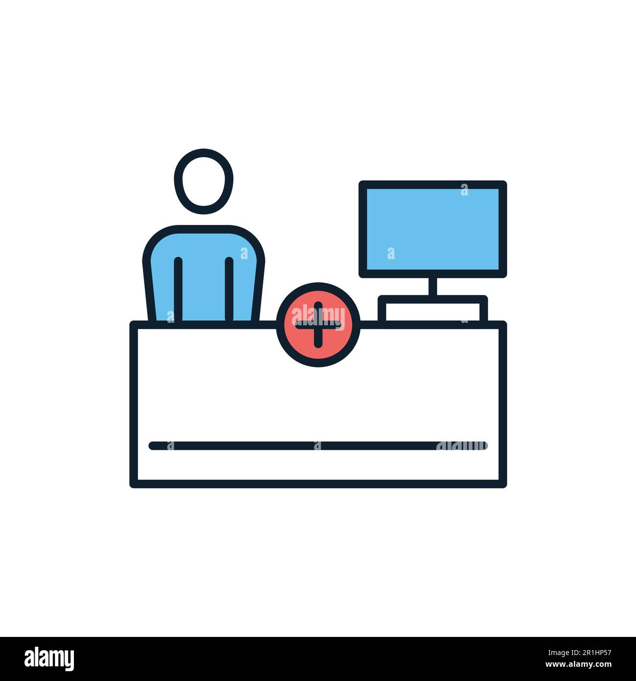 Reception related vector line icon. Person, table, computer, medical ...