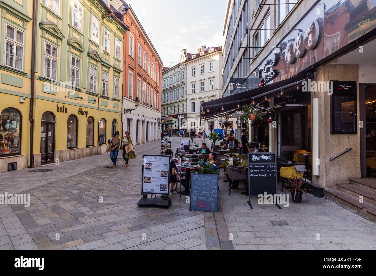 BRATISLAVA, SLOVAKIA - SEPTEMBER 7, 2021: Rybarska brana pedestrian street in Bratislava, Slovakia Stock Photo