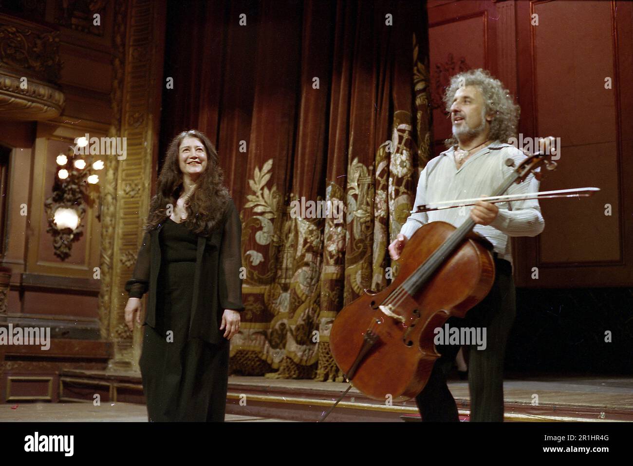 Martha Argerich, Argentine pianist and Mischa Maisky, Russian cellist, after a performance at the Teatro Colon, Buenos Aires, Argentina, circa 2000 Stock Photo