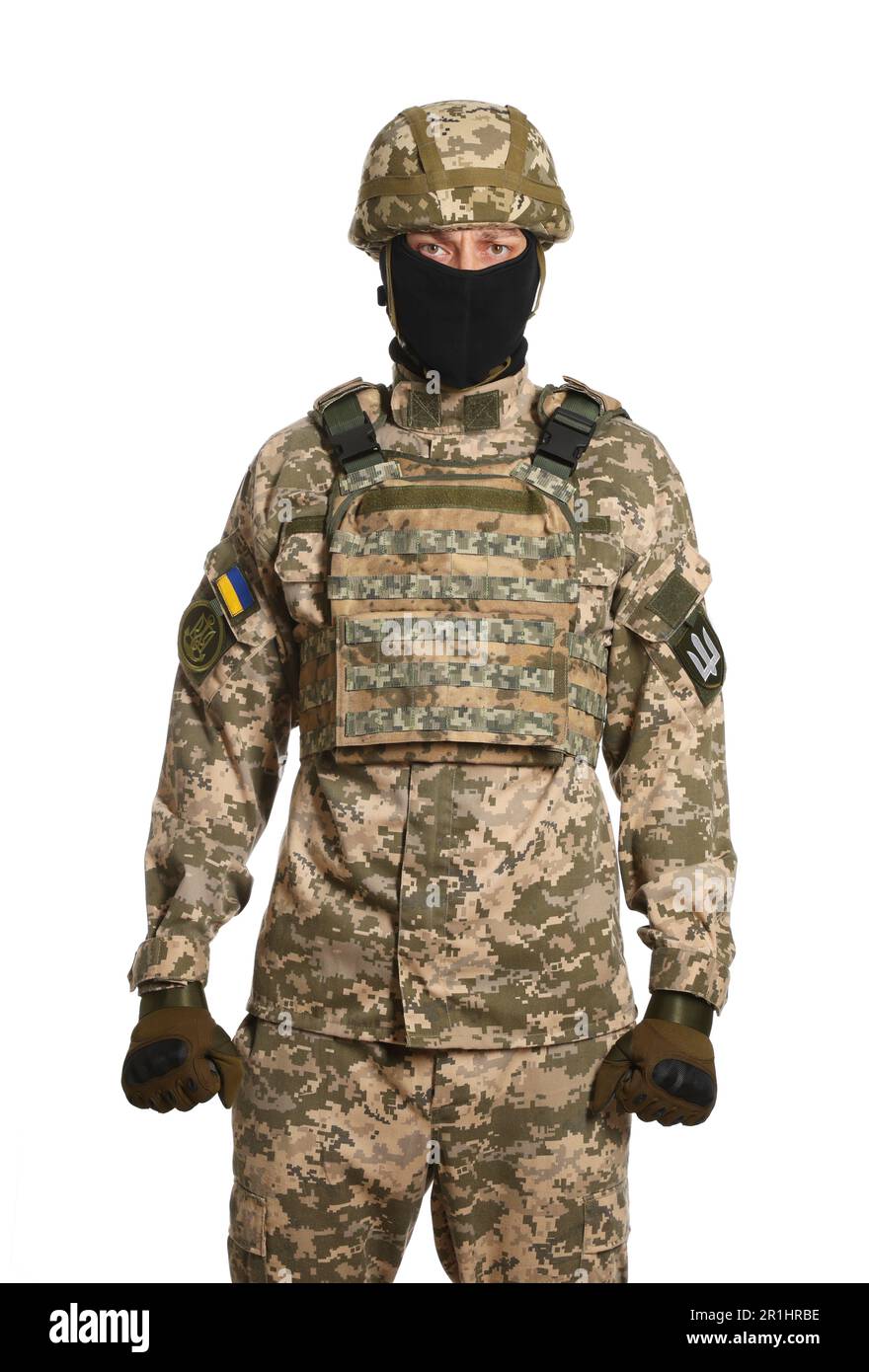Ukrainian soldier in military uniform, helmet and balaclava on white ...