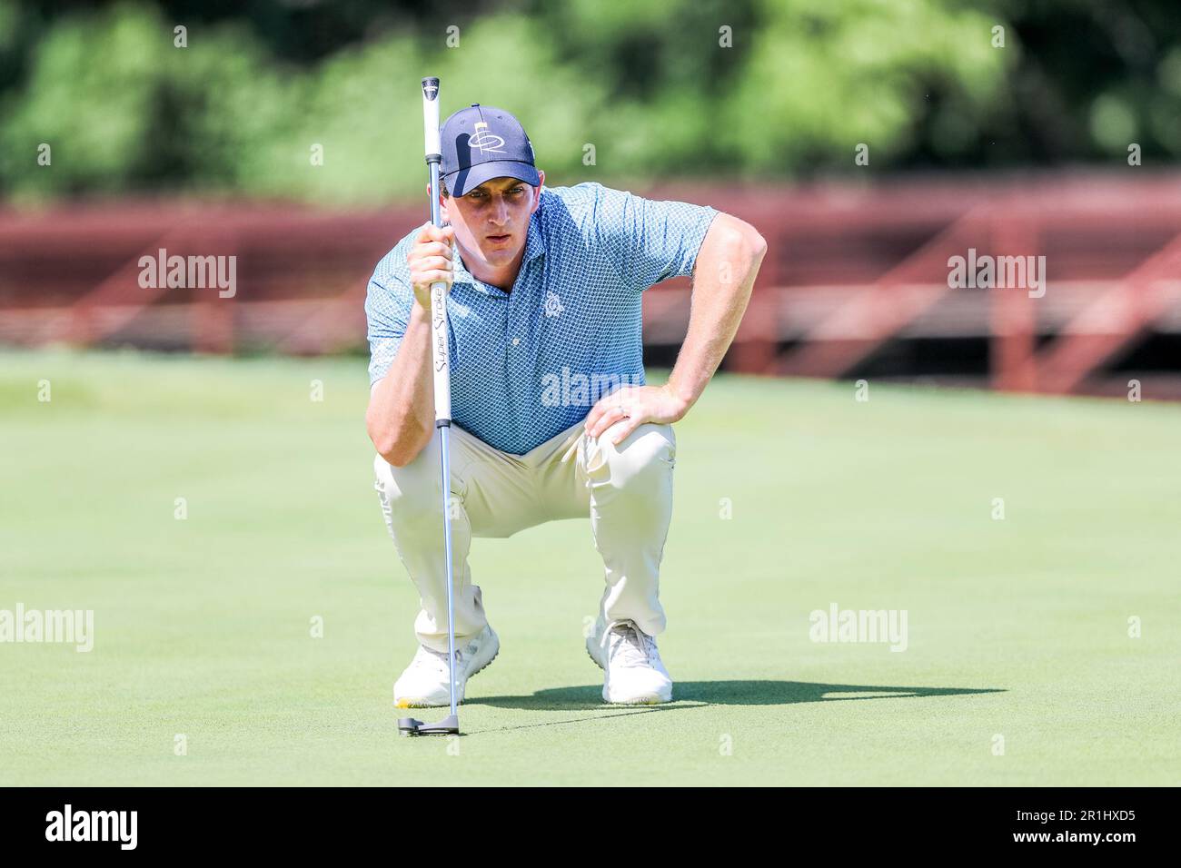May 13, 2023: Henrik Norlander sizes up his putt on the 2nd hole during the third round of the AT&T Byron Nelson golf tournament at TPC Craig Ranch in McKinney, TX. Gray Siegel/CSM Stock Photo