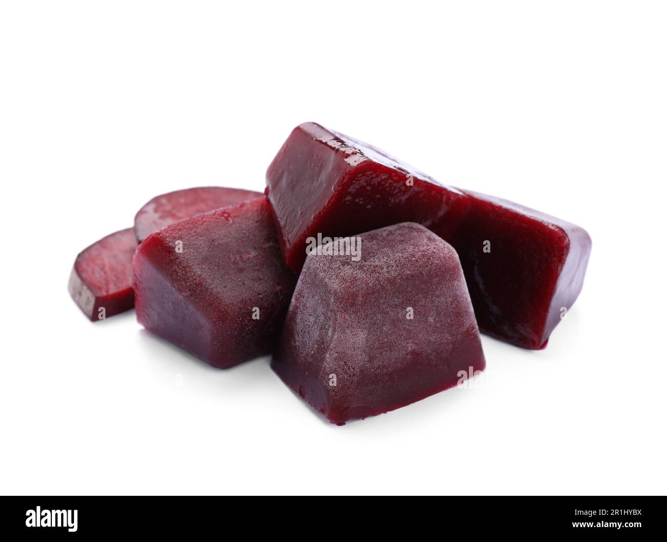 Frozen beetroot puree cubes and fresh beetroot isolated on white Stock Photo