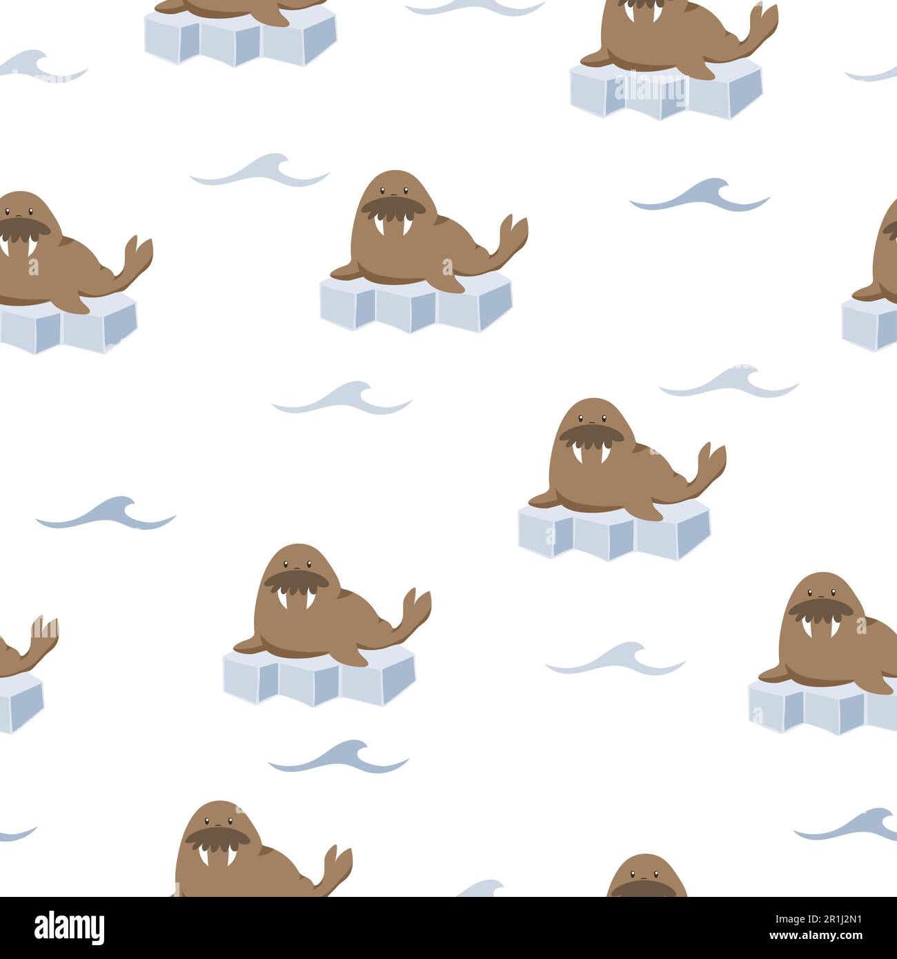 Seamless vector pattern with cute cartoon walrus on ice. Stock Vector