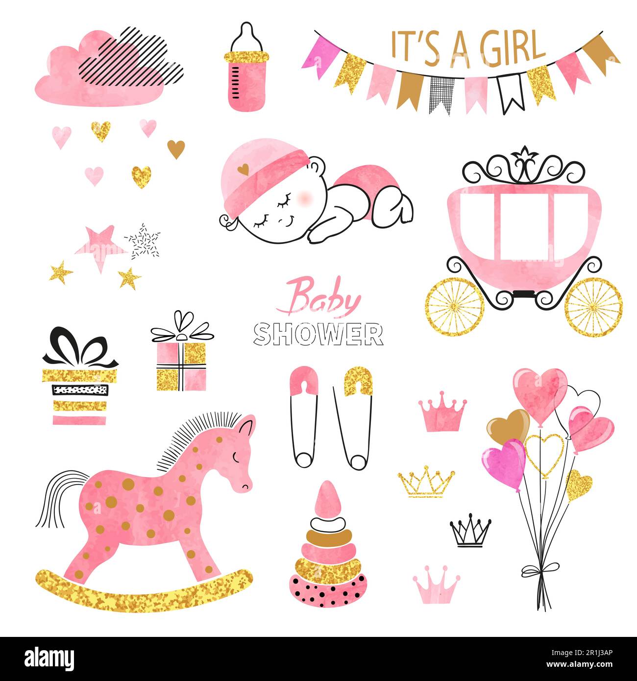 Baby Shower girl set. Collection of vector watercolor design elements. Stock Vector