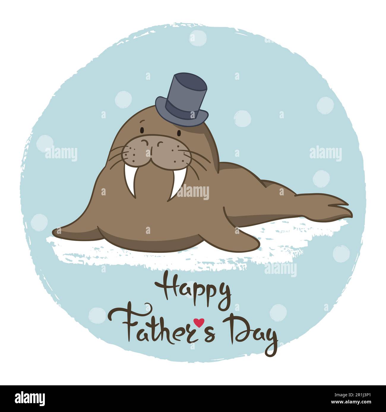 Cute cartoon walrus in hat on ice. Fathers Day vector illustration