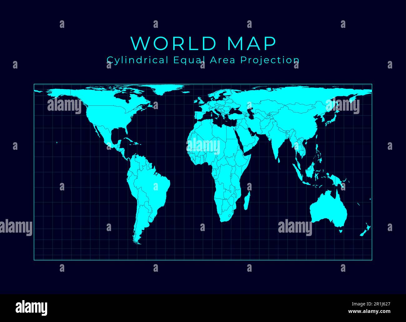 Map of The World. Cylindrical equalarea projection. Futuristic