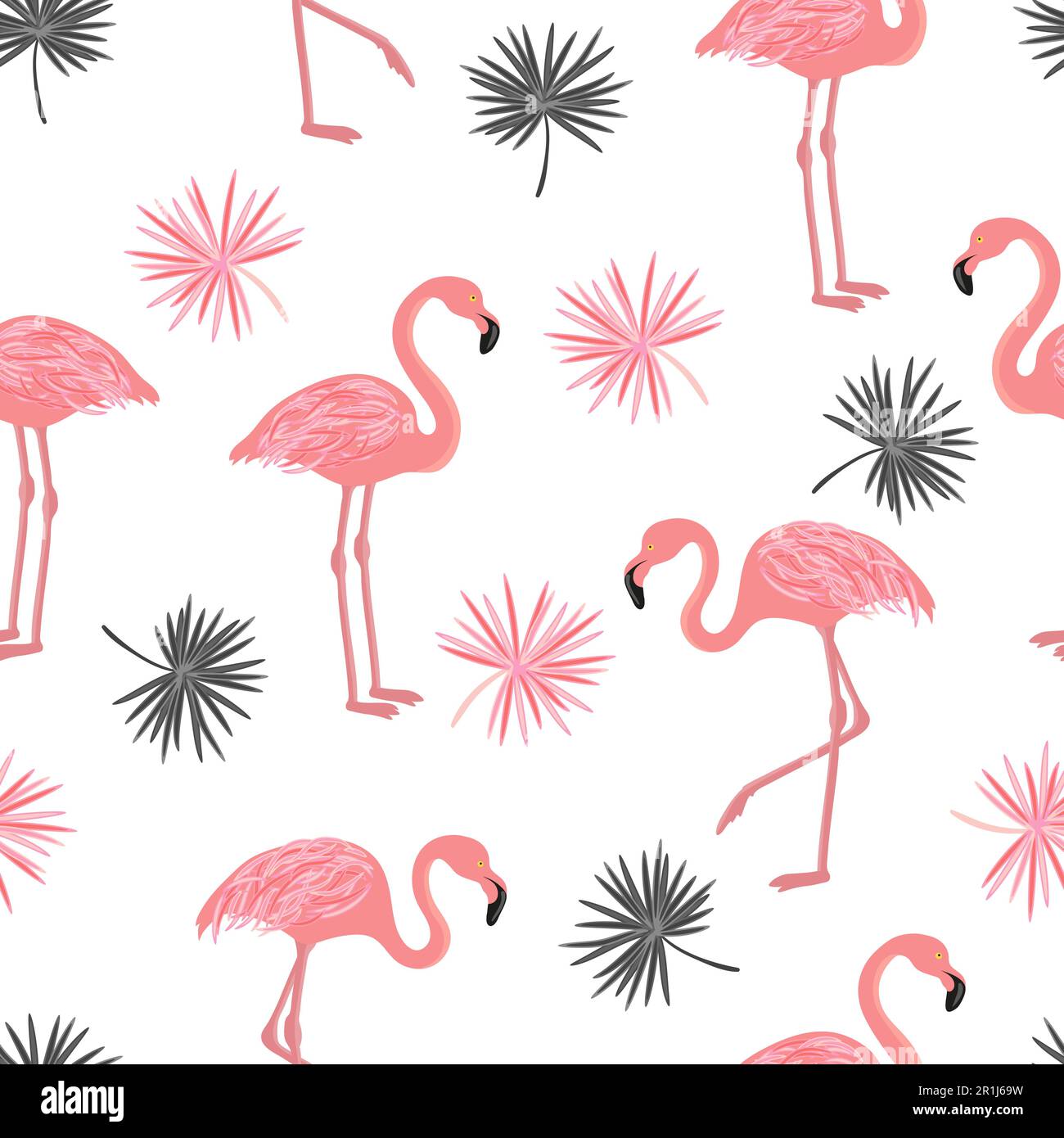 Seamless pattern with flamingo and palm leaves. Vector tropical ...