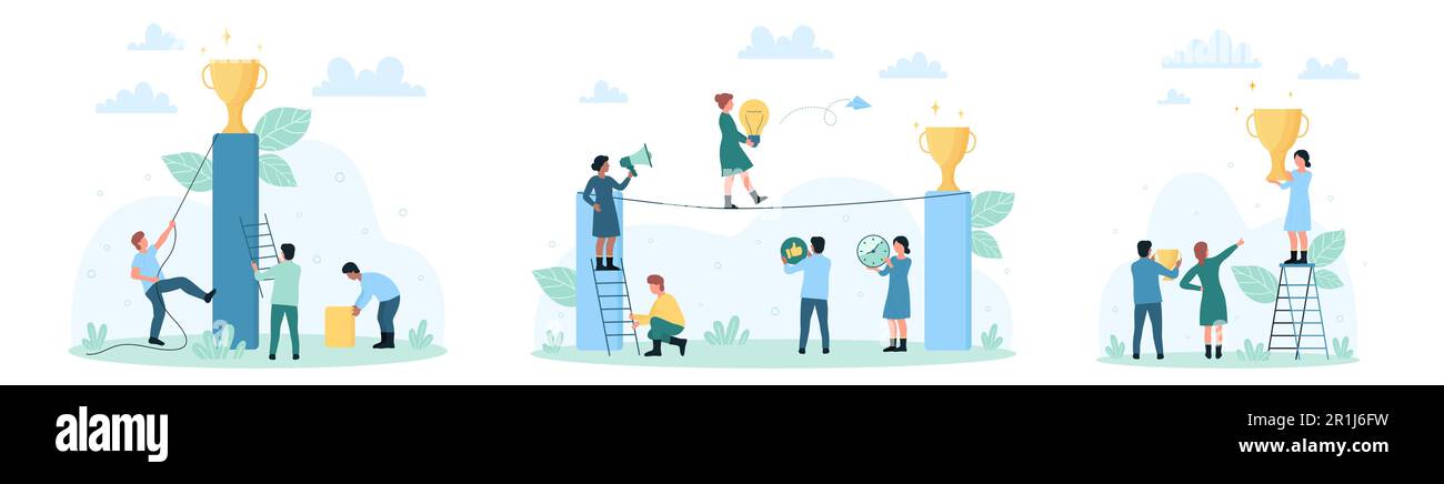 Business people climb for success trophy set vector illustration. Cartoon tiny characters climbing ladder to victory top, champion holding golden award cup and lightbulb, work in team to win prize Stock Vector