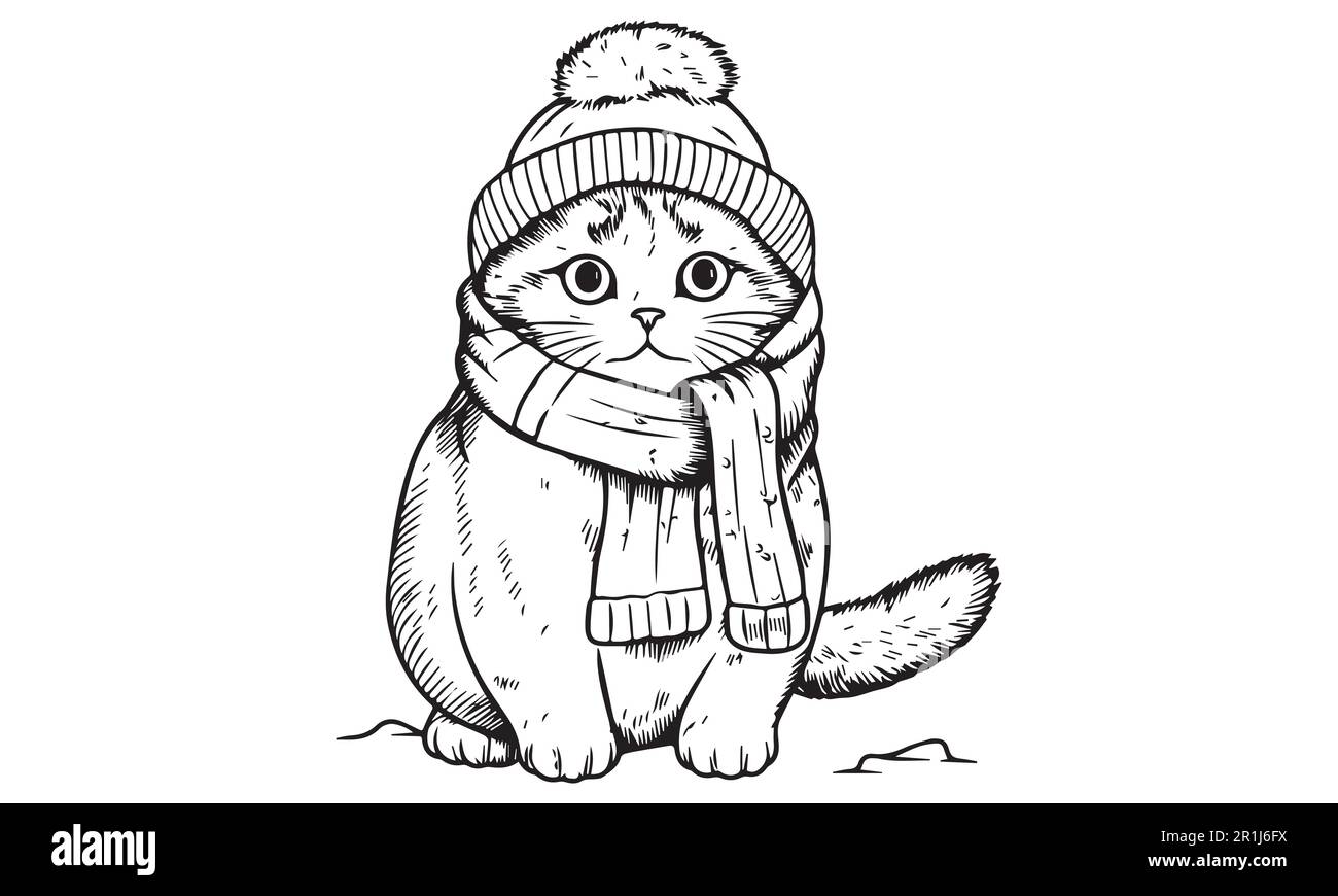 A Cute winter cat coloring page for kids. Stock Vector