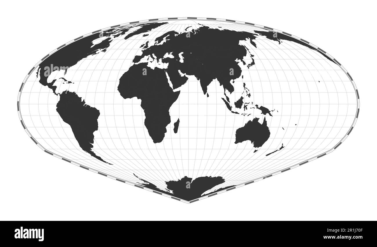 Vector world map. Allen K. Philbrick's Sinu-Mollweide projection. Plain world geographical map with latitude and longitude lines. Centered to 60deg W Stock Vector