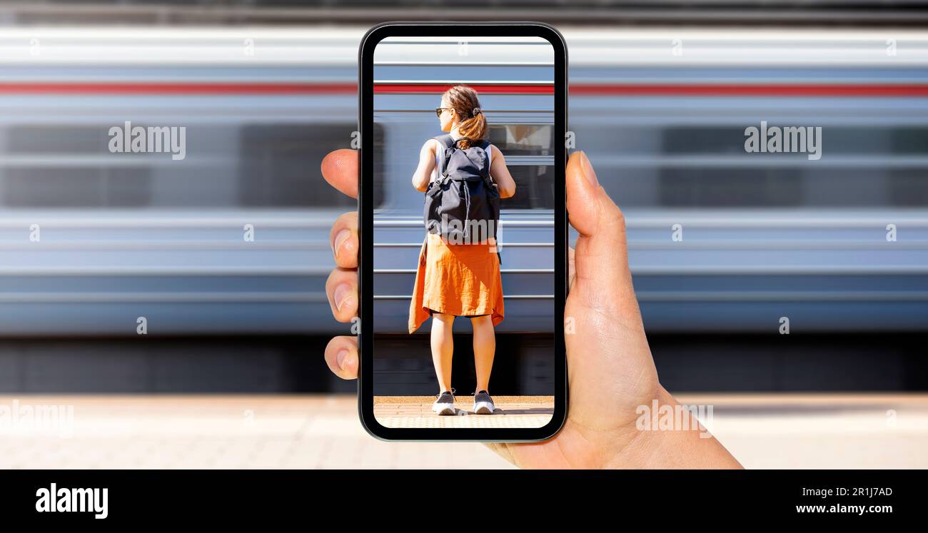 Passenger woman standing on railroad station platform against moving