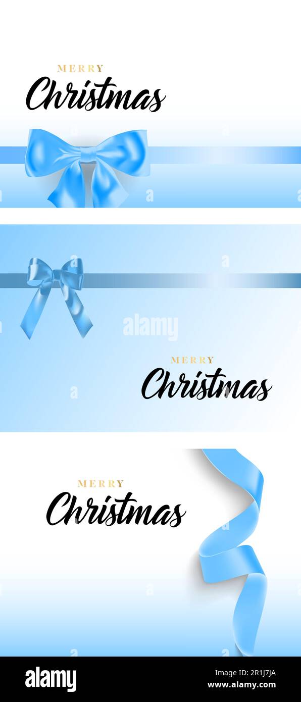 Merry Christmas banner set with blue ribbon, bow on white ground Stock ...