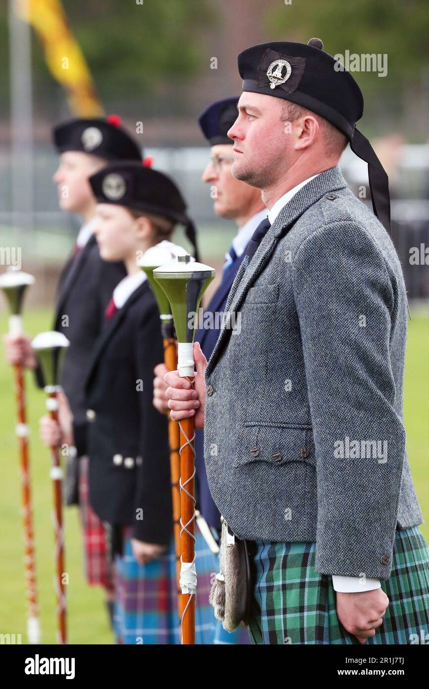 Gourock, UK. 14th May, 2023. The first Highland Games of the 2023 season took place at Battery Park, Gourock, Scotland, when competitors from Scottish Country Dancing, pipe bands and the traditional 'Scottish Highland Heavy' competitions. Competitors in the Drum Major competition Credit: Findlay/Alamy Live News Stock Photo